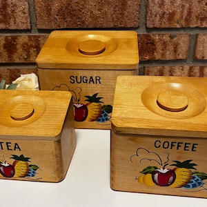 1940s or 1950s Retro Wooden Kitchen Canisters with Painted Fruit Design, Dovetail Construction