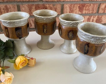 Set of 4 1970s Groovy Handmade Pottery Goblets