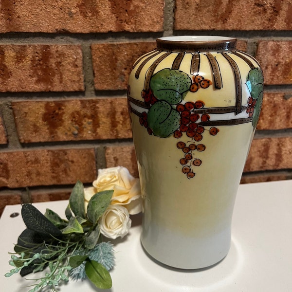 9" Japanese Vase, Pale Yellow with Berry, Leaf and Line Decoration