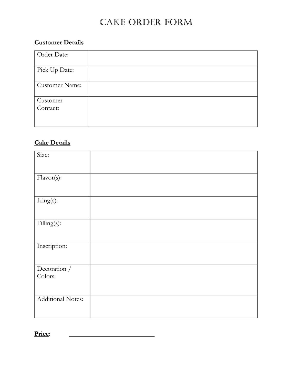 Simple Cake Order Form Instant Printable - Etsy