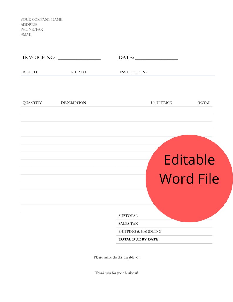 Microsoft Word Invoice Template Printable Instant Download Etsy