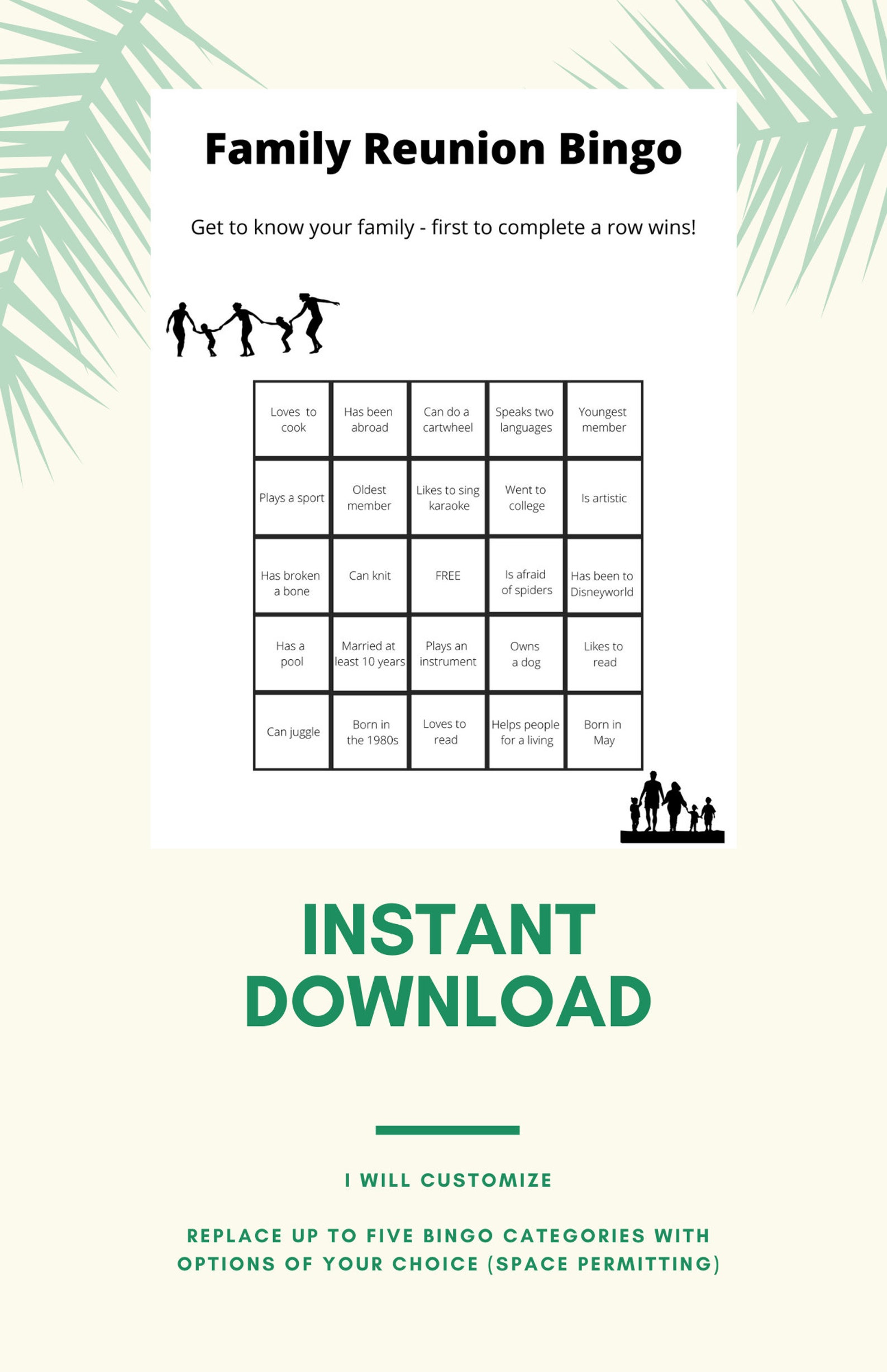 Family Reunion Printable Bingo Card I Will Customize (Download Now) Etsy