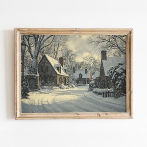 Morning Light on Snowy Village - Vintage Oil Painting - Instant Download Art