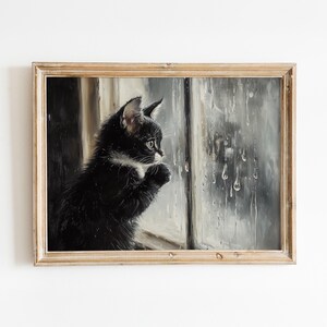 Vintage oil painting of a tuxedo kitten watching raindrops on a window.