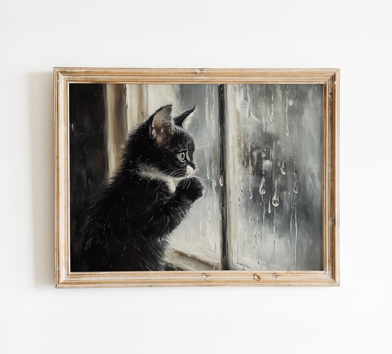 Vintage oil painting of a tuxedo kitten watching raindrops on a window.