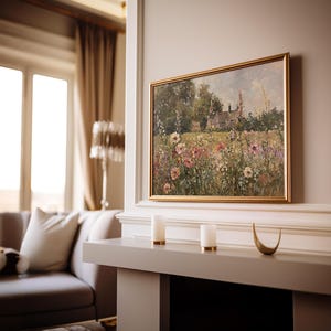 Tranquil landscape painting of the English countryside with a lush garden.