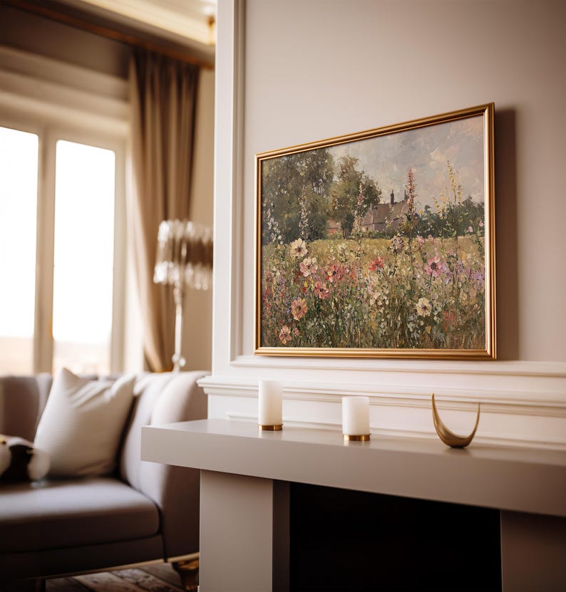 Tranquil landscape painting of the English countryside with a lush garden.