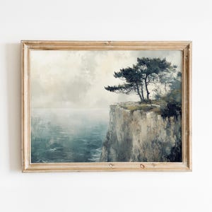 Coastal Cliff Pine Tree Vintage Oil Painting - Downloadable Landscape Art