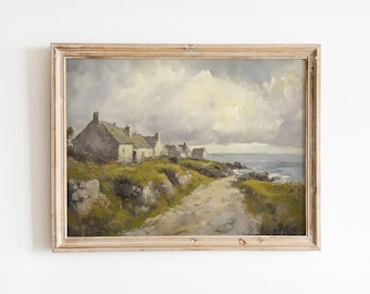 アイルランド沿岸の油絵 - ヴィンテージの村の風景 - 即時ダウンロード