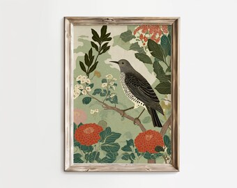 May include: A framed art print depicting a bird illustration. The artwork shows a bird with speckled feathers, set against a backdrop of flowers and foliage in green, red, and white. The print is encased in a wooden frame, adding a touch of natural elegance.