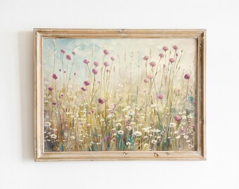 Pintura a óleo vintage de prado primaveril - Arte de parede com paisagem para impressão - Download digital instantâneo