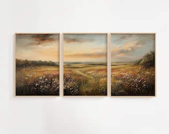 Vintage Sunset Meadow Oil Painting Print Set: Farmhouse Landscape Triptych (Digital Download)