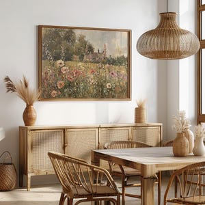 Timeless oil painting featuring a blooming flower garden in a rural English scene.