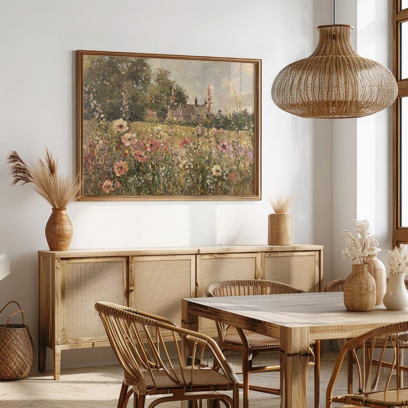 Timeless oil painting featuring a blooming flower garden in a rural English scene.