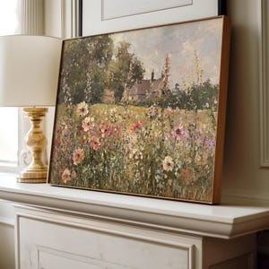 Antique-style painting of an English garden surrounded by greenery.