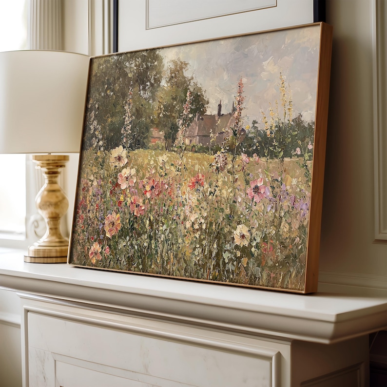 Antique-style painting of an English garden surrounded by greenery.