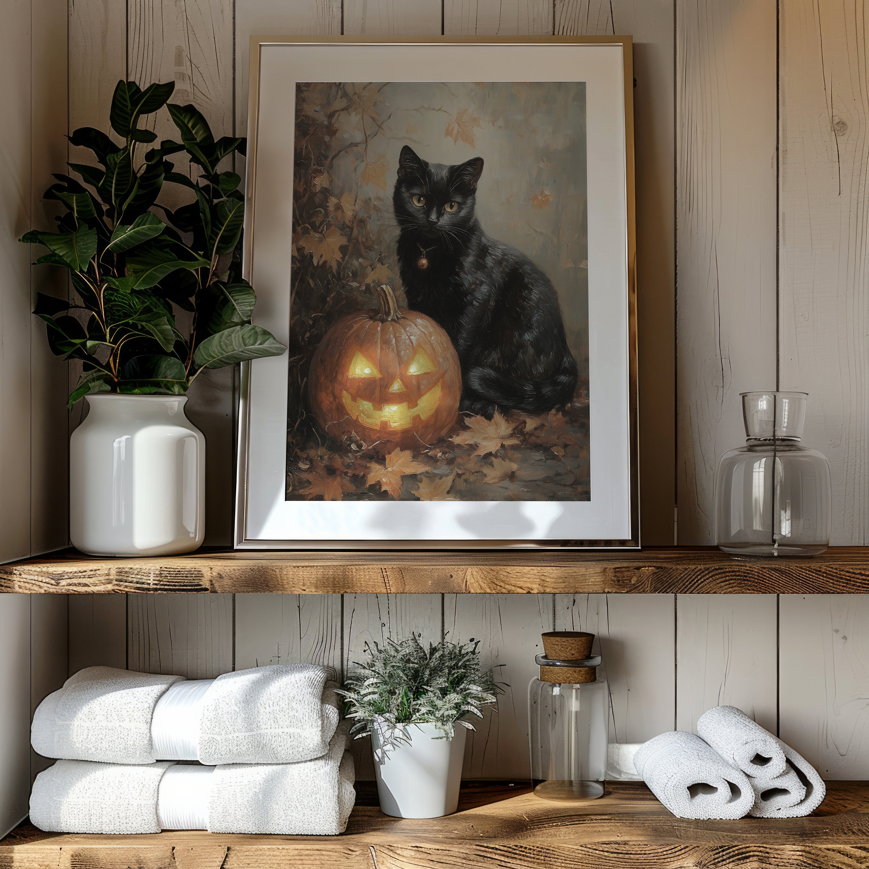 ヴィンテージの黒猫とカボチャのハロウィン絵画 | すぐにダウンロード 