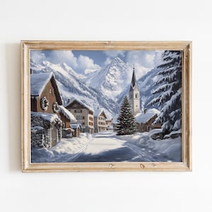 Magisches verschneites Weihnachtsdorf Weihnachtsmotiv – nostalgisches Kunstwerk – Instant Download Art
