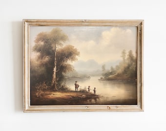 Vintage Boys Fishing Art - Old River Landscape Scene - Instant Download Oil Painting Print