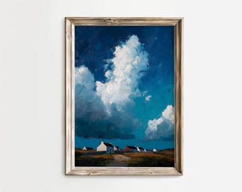 Impresión al óleo de un pueblo costero irlandés: Paisaje con cielo dramático (descarga digital)