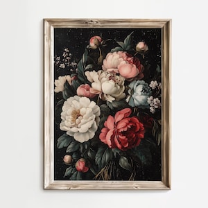 Stunning Vintage Peonies Artwork - Rich Colors on Black | Instant Downloadable Print