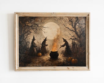 Vintage Witchcraft Art - Witches Cauldron Scene - Halloween Decor - Digital Download