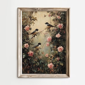 Vintage Songbirds & Flowering Hedge Oil Painting - Cottage Garden Wall Art - Rustic Digital Download