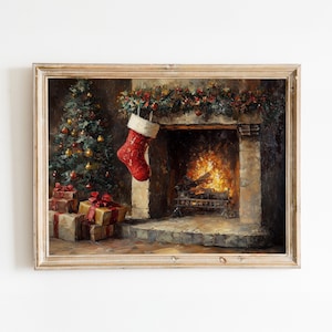 Vintage Christmas Fireplace Print - Decorated Tree, Stocking, and Presents - Instant Download