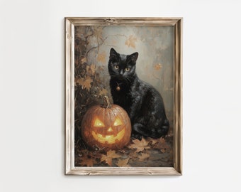 Vintage Black Cat and Carved Pumpkin Halloween Painting | Instant Download