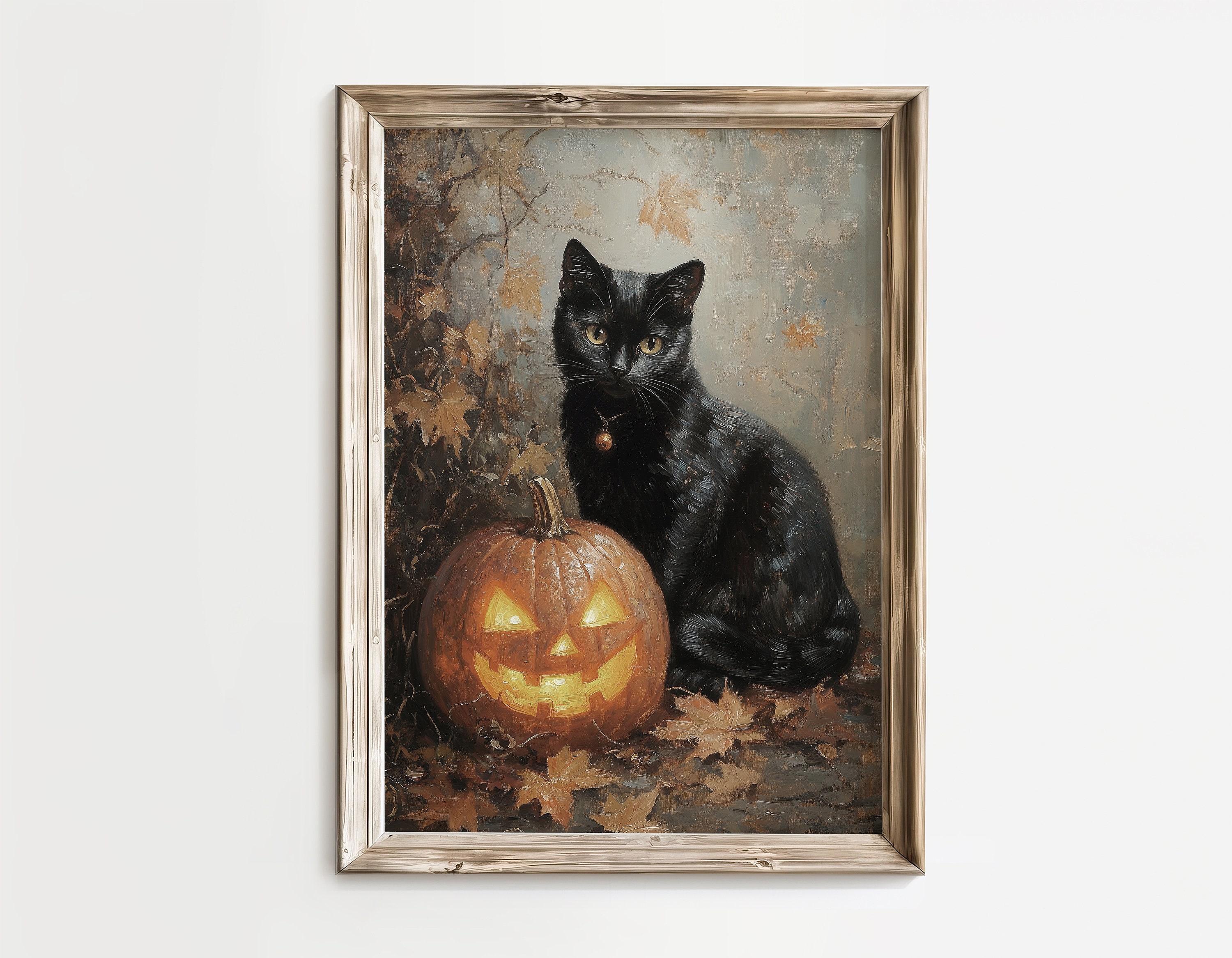 ヴィンテージの黒猫とカボチャのハロウィン絵画 | すぐにダウンロード 