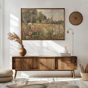 Beautiful countryside art with a serene garden full of vibrant flowers.