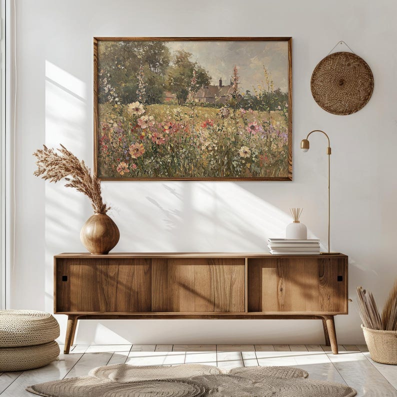 Beautiful countryside art with a serene garden full of vibrant flowers.