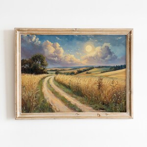 Vintage French Countryside Oil Painting - Dramatic Clouds & Wheat Fields - Printable wall art – Digital Download