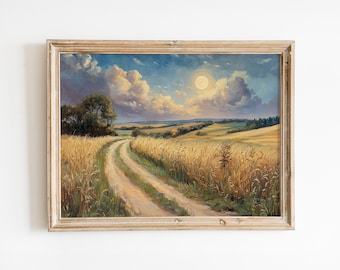 Vintage französische Landschaft Ölgemälde - Dramatische Wolken & Weizenfelder - druckbare Kunst - digitaler Download