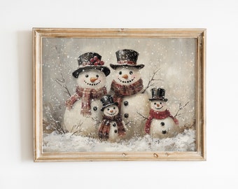 Vintage snögubbefamiljemålning: Retro julväggkonst (nedladdning direkt)