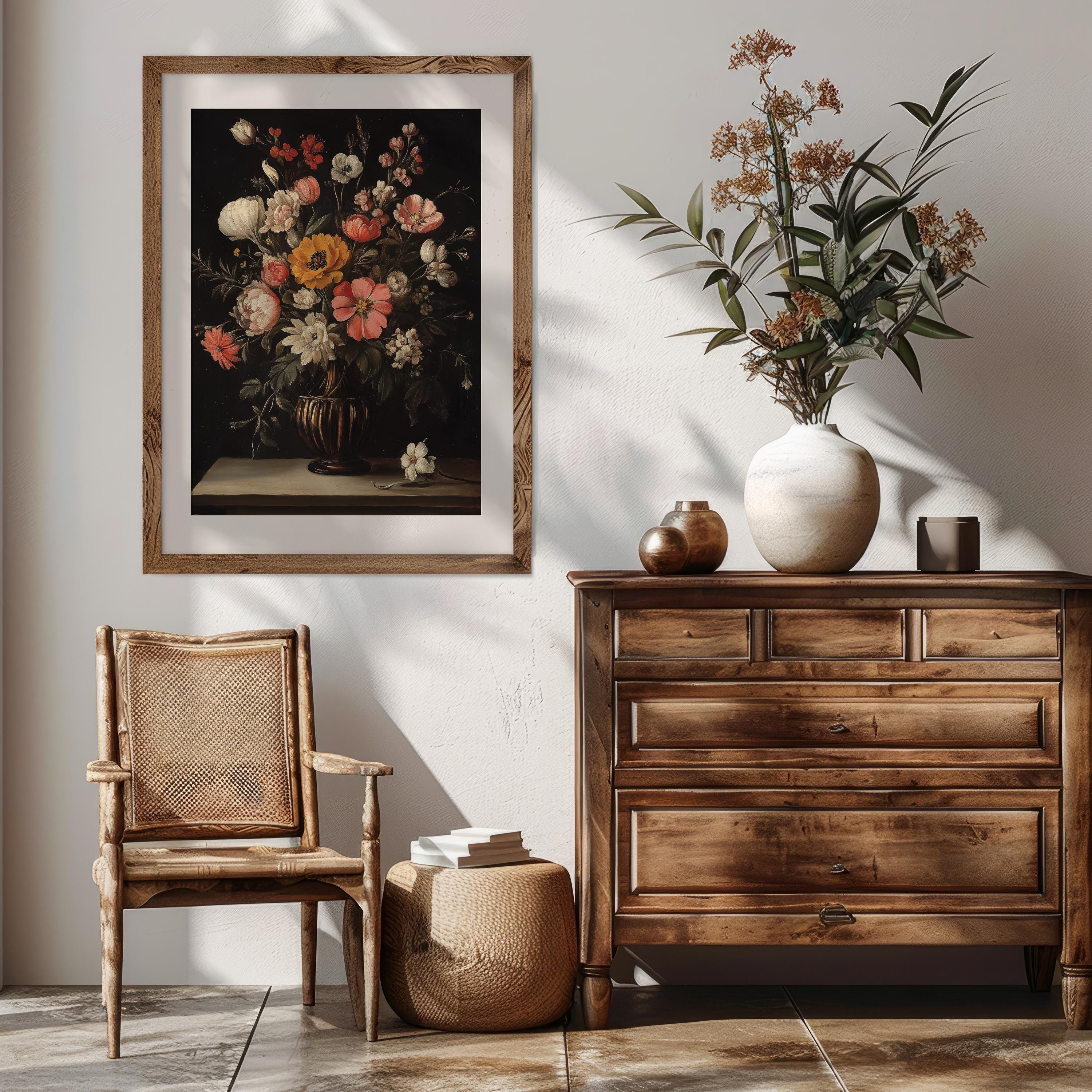 Dark Floral Bouquet Oil Painting - Moody Vintage Still Life Art ...