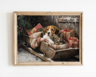 Vintage jultryck: Beagle och tabbykatt i släde - Digital nedladdning