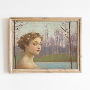 Vintage Wall Decor Digital Art Print, Serene Lake Scene with Woman Bathing, Perfect Home & Gallery Decor Gift