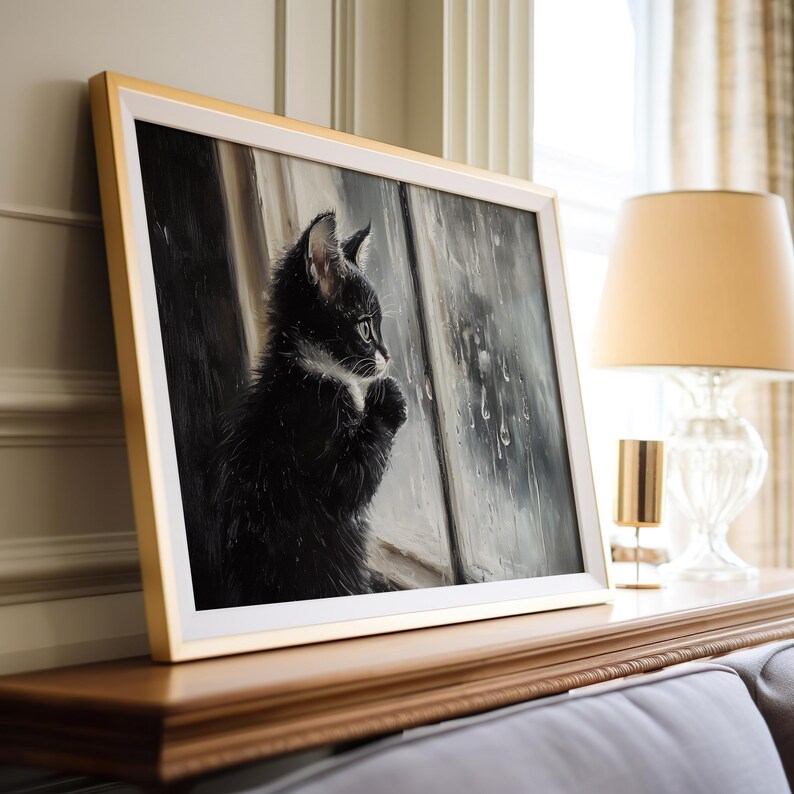 Cozy indoor scene with kitten watching rain.