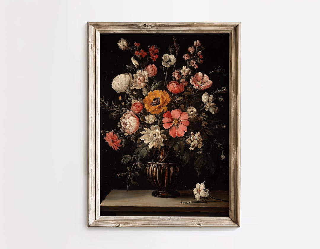 Dark Floral Bouquet Oil Painting - Moody Vintage Still Life Art ...