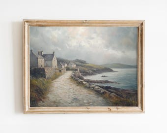 Pintura al óleo vintage de un pueblo costero irlandés: Paisaje costero melancólico – Descarga digital