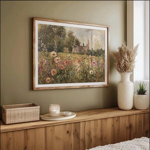 Picturesque garden in an English countryside setting captured in a vintage oil painting.
