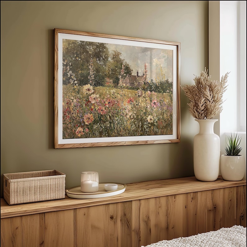 Picturesque garden in an English countryside setting captured in a vintage oil painting.
