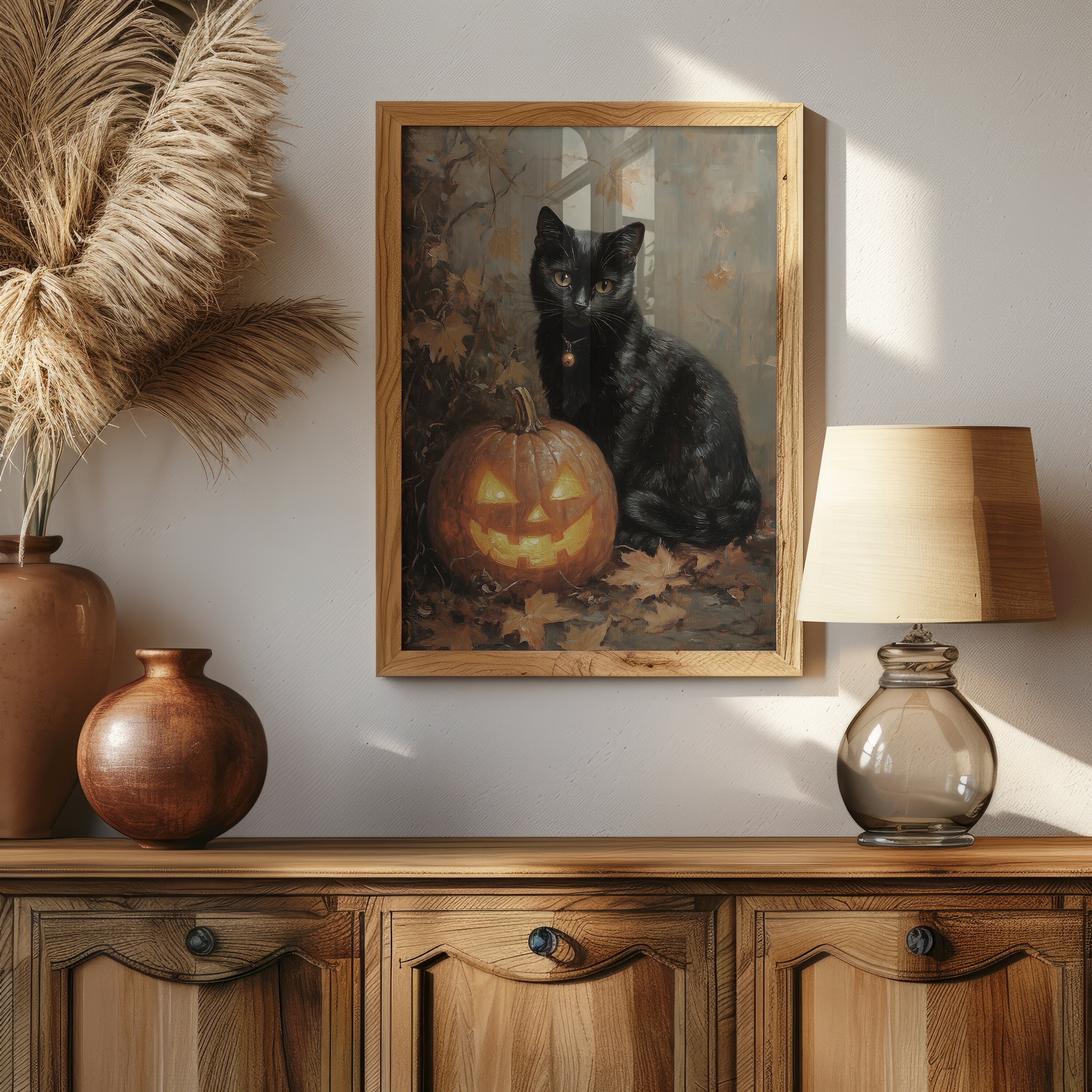 ヴィンテージの黒猫とカボチャのハロウィン絵画 | すぐにダウンロード 