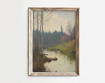 Vintage Forest Landscape River Scene - Nature Wall Art Printable - Digital Download
