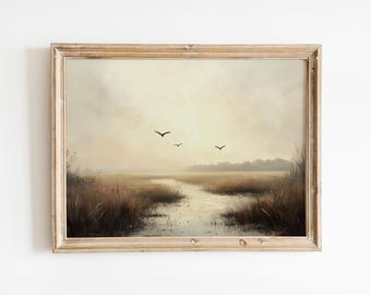 湿地帯の鳥を描いた穏やかな油絵 – すぐにダウンロードできるホームデコレーション