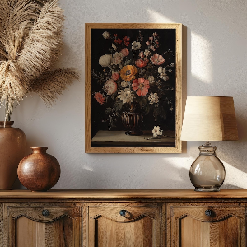 Dark Floral Bouquet Oil Painting - Moody Vintage Still Life Art ...