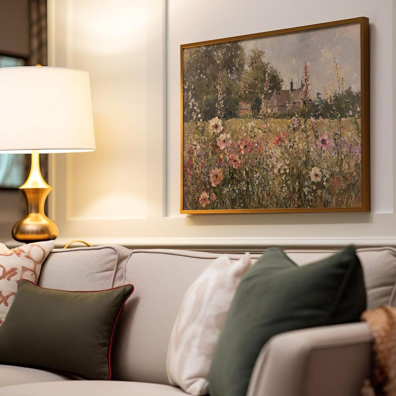 Classic wall art of a peaceful English countryside garden with flowers in bloom.