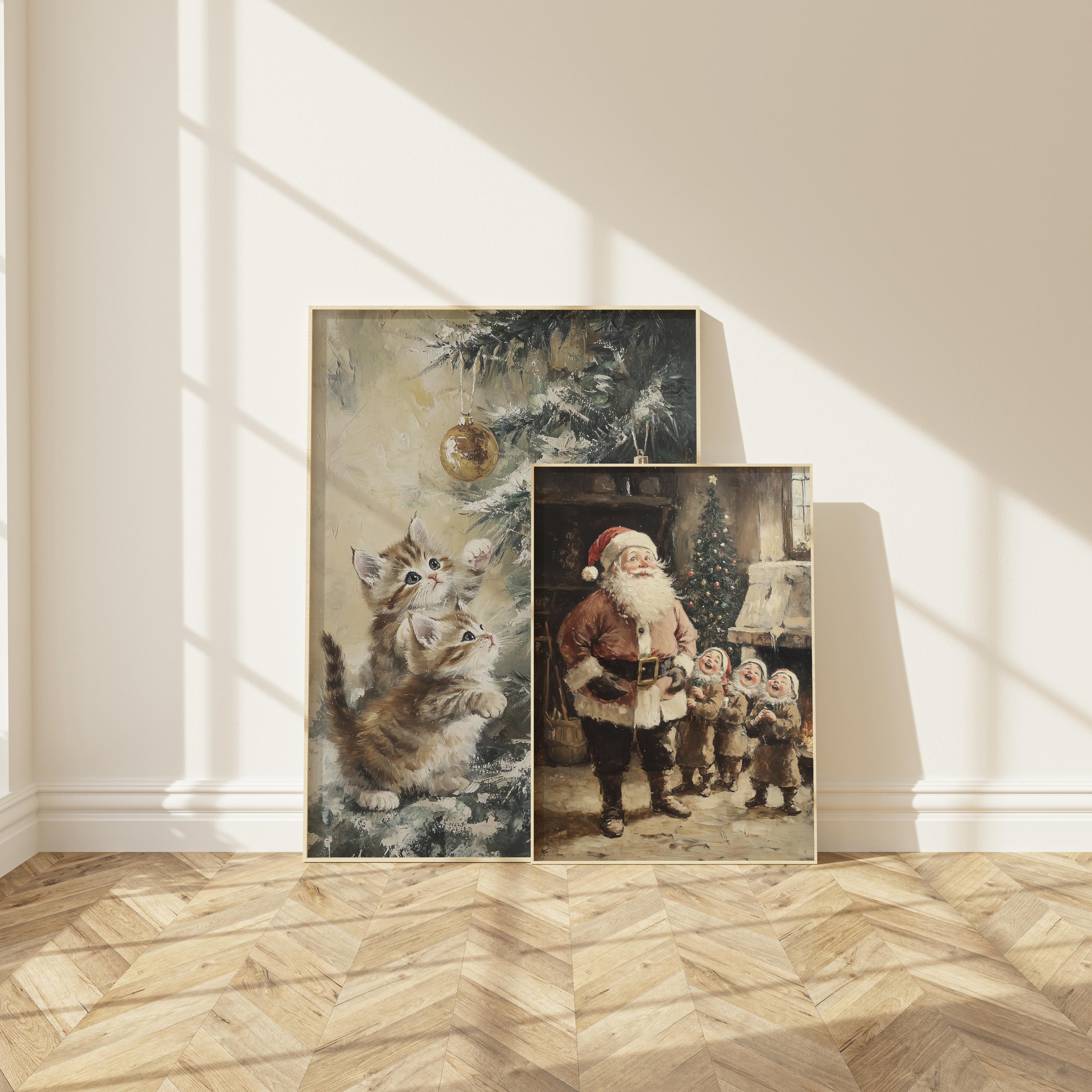 ヴィンテージクリスマス油絵プリント：サンタ、猫、犬（6点即時