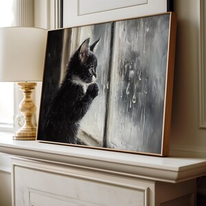 Vintage-style painting of kitten by rainy window.